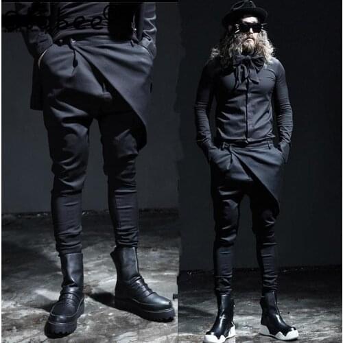 New mens pant male fashion casual skirt pant trousers men stage show punk slim fit boots black pant men autumn clothing A28