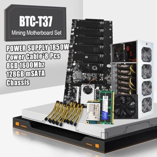 A Set Mining Motherboard BTC-T37 8 GPU Chassis With DDR3 8GB 1600MHz 128GB MSATA Power Cable*8 Pcs And ATX Power 1850W Chassis