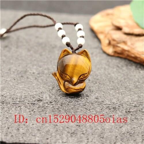 Natural Chinese Jade Stone Fox Pendant Tiger Eye Necklace Fashion Accessories Charm Jewelry Carved Amulet Gifts for Women Men