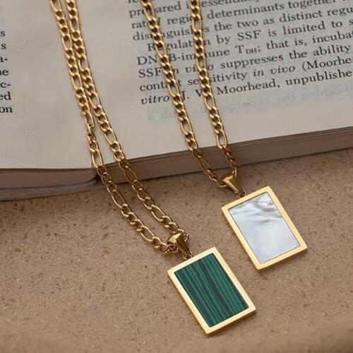 Stainless Steel Vintage Classic Exquisite Turquoises Green Stones Rectangle Women Pendant Necklace Jewelry Gift For Him