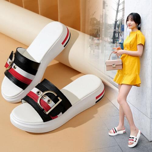 Summer high quality womens sandals metal buckle flat shoes ladies slippers non-slip beach shoes vacation shoes sandals for ladi