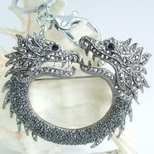 Unique Chinese Dragon Keychain Pendant Black Gray Rhinestone Crystal K05007C3