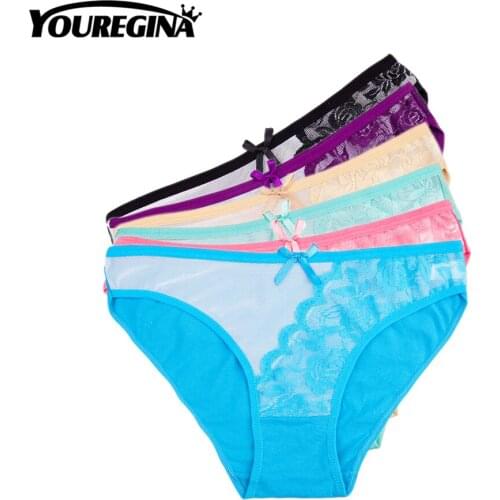 YOUREGINA Sexy Cotton Lace Mesh Briefs Bow Patchwork Underwear Panties Women Female Lingeries Comfortable Intimates 6pcs/lotM-XL