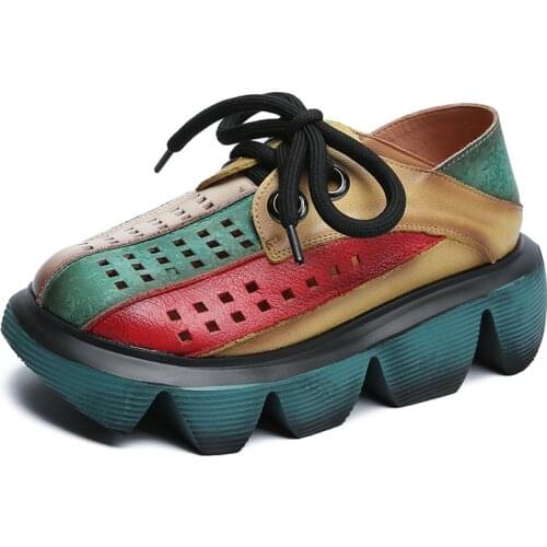 YourSeason Ladies Retro Mixed Colors Summer Shoes Genuine Leather Lace-up Handmade Concise Female Beach Sandals Wedges Hollow