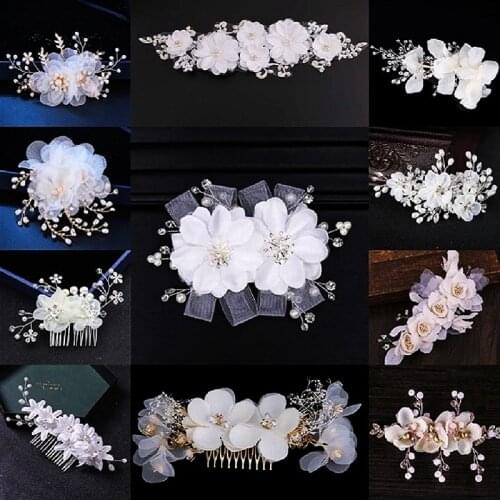 Elegant Floral Hair Pins White Lace Yarn Flower Pearl hairpin Wedding Tiara Crown Headpieces Women Bridal Hair Accessories