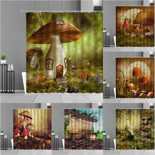 Cartoon Dream Landscape Shower Curtains Forest Mushroom Fantasy Scene Children Room Decor Waterproof Bath Curtain With Hooks Set