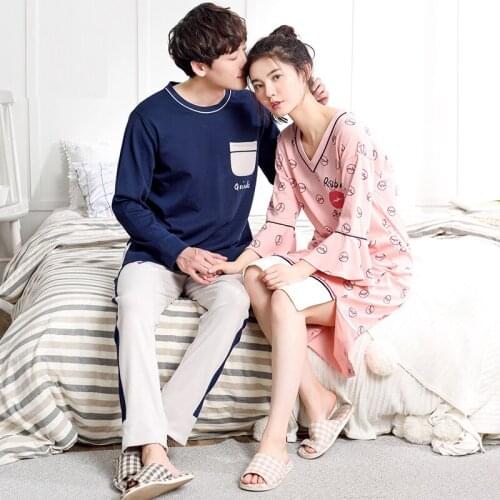 Women and men new trend couple spring and autumn pajamas wholesale cute cotton women long sleeve nightdress and men pajama sets