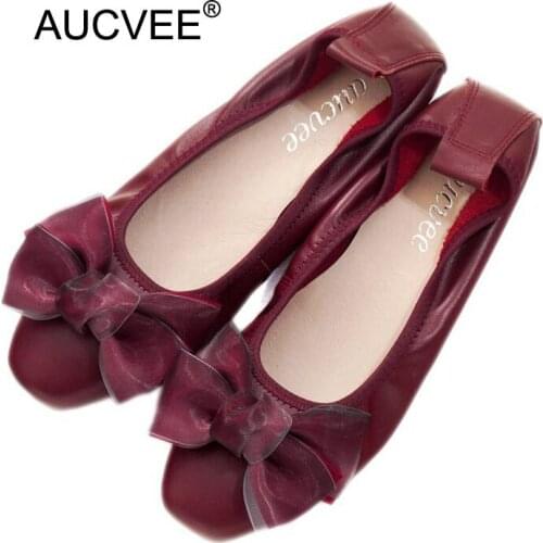 Plus Size Women Genuine Leather Flat Shoes Newest Style Female Single Shoes Women Flats Bow Shallow Mouth Low-heel Shoes Woman