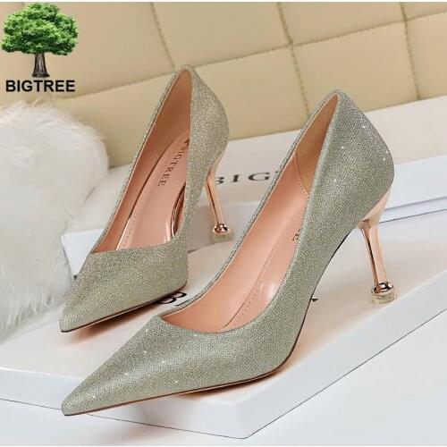 2020 Autumn Fashion Womens Shoes Woman High Heels Pointed Toe Glitter Pumps Female Sexy Brides Wedding Shoes Silver Gold Black