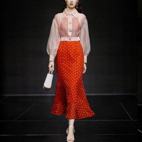 2021 Summer Polka Dot Print Ruffles Mermaid Dress Set Chiffon Crop Tops Two Piece Suit Fashion See Through Women Vintage Robe