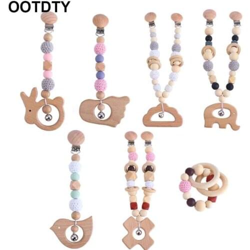 1-3Pcs Baby Stroller Hanging Clip Pendant Mobile Rattle Wooden Ring Bracelet Teether Dummy Holder Pacifier Chain