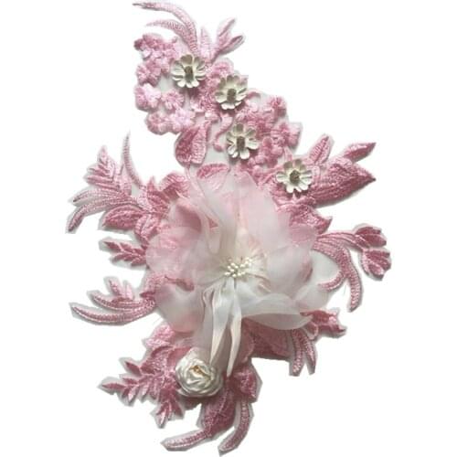 1pc 3D Floral Embroidery Applique Beaded Pearl Tulle DIY Wedding Dress Sewing Clothing Applique Lace Costumes Decoration Patch