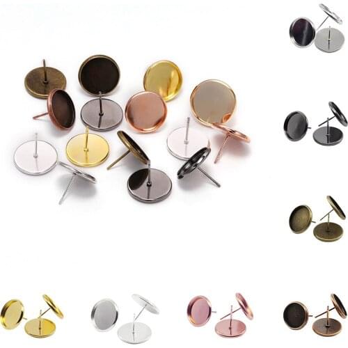 50pcs/lot Stainless iron Blank Earring Base Cabochon Cameo Base8-20mm Flat Earring Setting Supplies DIY Jewelry Making Wholesale