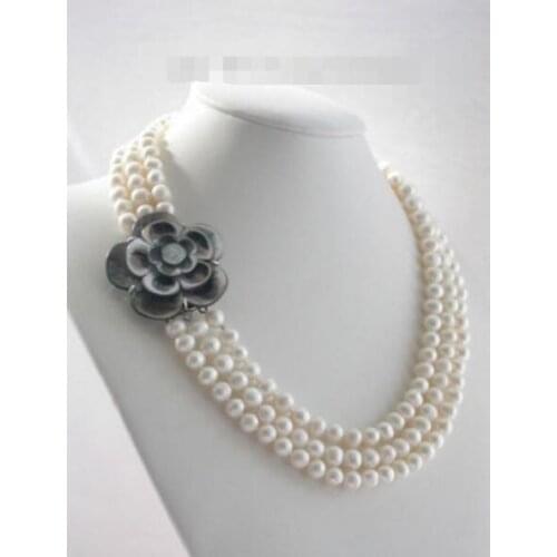 3row 9 mm FW white pearl Necklace flower shell Clasp