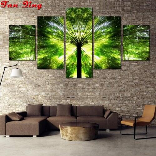 5 pieces diamond painting Green big tree forest Scenery 5d diy handmade full square round diamond embroidery Landscape