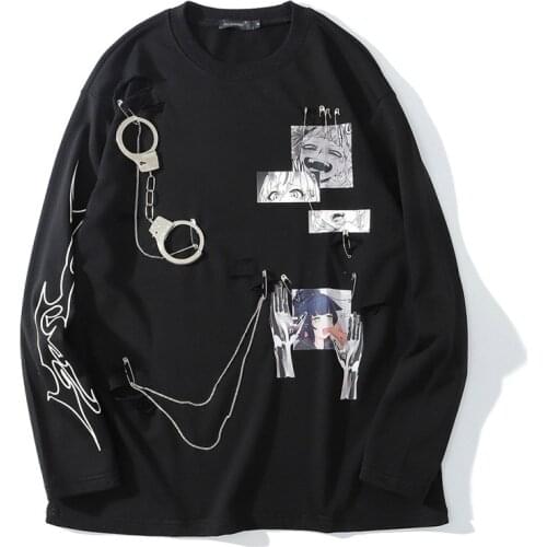 Aolamegs Comics Anime Manga Illustration Hook And Loop Fastener Chain Design Thin Sweatshirt Streetwear Men High Street Pullover