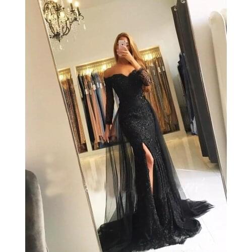 Black Muslim Evening Dresses Lace Beaded Slit Tulle V-Neck Dubai Kaftan Saudi Arabic Long Evening Gown 2021 Mermaid 3/4 Sleeves