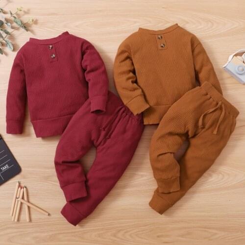 Kids Spring Tracksuit, Autumn Solid Color Ribbed Henley-Neck Long Sleeves T-Shirt + Tied Waist Pants for Little Girls, Boys