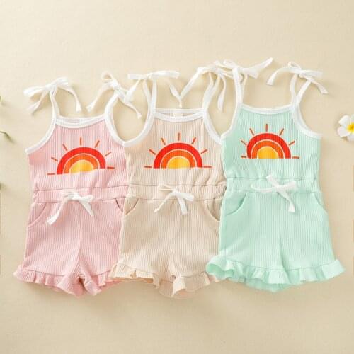 FOCUSNORM 0-4Y Summer Lovely Kids Girls Jumpsuits 3 Colors Rainbow Printed Strap Sleeveless Belt Rompers