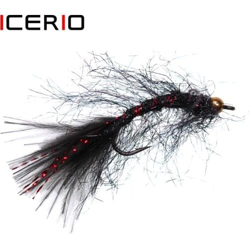 ICERIO 6PCS Brass Bead Head Black Leech Red Flasher Tail Streamer Trout Fishing Fly Lures #6