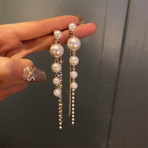 Exquisite Long Tassel Drop Earrings for Lady Romantic Shiny Pearl Stud Earrings Party Jewelry Accessories Gift