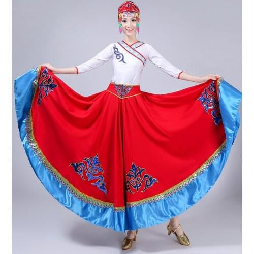 Lady Dancing Suit Long Skirt Ethnic Mongolian Costumes Mongolia Top Headwear Dance Wear Practice Full-skirted Plus Size D-0728