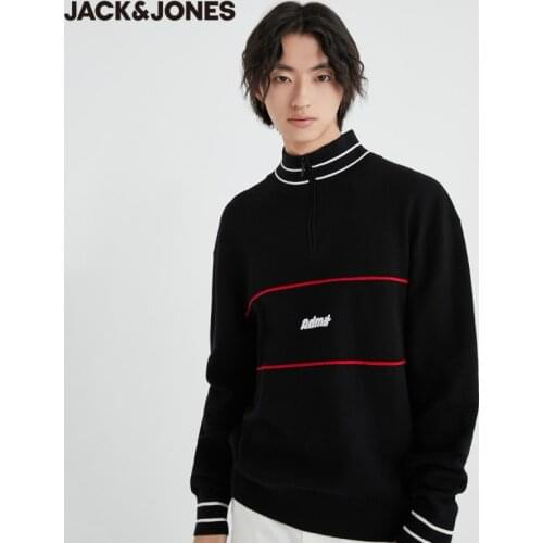 JackJones Mens Cashmere Contrasting Stripes Mock Neck Embroidery Knit Sweater| 220424018