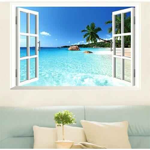 3D Fake Window Wall Stickers For Living Room Decorations Home Decals Coconut Sea Beach PVC Scenery M