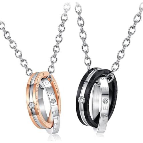 Stainless Steel Rose Gold Black Double Circle Round Crystal Pendant Necklace Jewelry Gift For Him with Chain