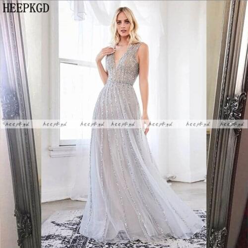 Charming Silver Backless Evening Dress Sparkly Tulle A Line Long Formal Occasion Dresses Plus Size Arabic Prom Party Gowns