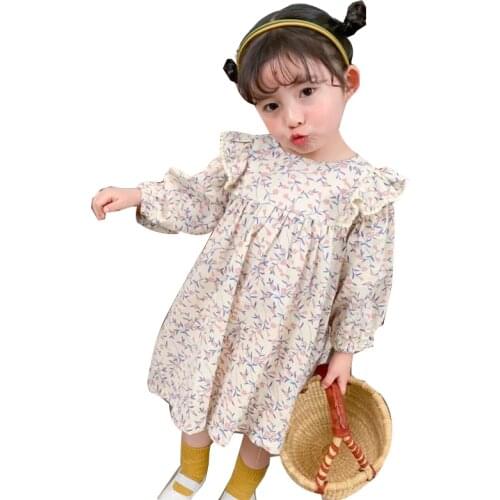 New Cute girls floral long sleeve princess dress kids cotton linen loose dresses toddler baby fall clothing for 1-6 year old