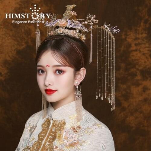 HIMSTORY Gorgeous Handmade Vintage Chinese Bridal Wedding Crown headdress Purple Crystal Long Tassel Gold Bride Hair Jewelry