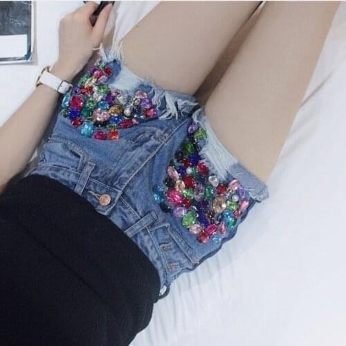Summer Embroidered Flares Denim Shorts Women Hole Ripped Tassel Diamonds Short Jeans Streetwear White Blue Zip Hot Pants