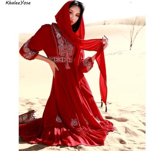 KHALEE YOSE Floral Embroidery Maxi Dress with Cap Cotton Vintage Boho Summer Women Dresses Ladies Holiday Long Female Ins Dress