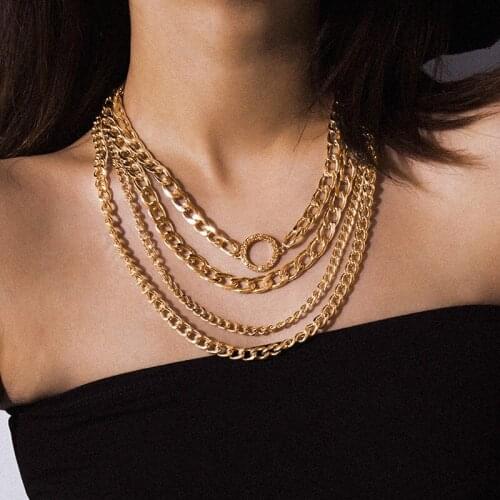 Punk Exaggerated Multilayer Thick Chain Necklace Women Vintage Geometric Rhinestone Round Circle Pendant Necklace Jewelry Kolye