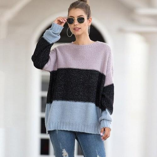 ZJZLL Hot Sales 2021 Autumn Winter New Sweater European American Striped Color Matching Pullover Womens Thick Knitted Top