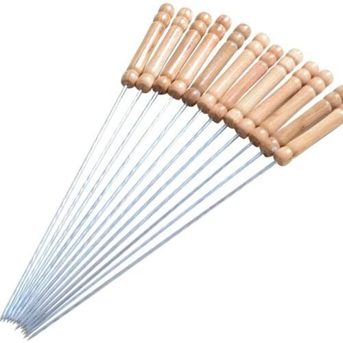 10pcs/Lot Barbecue Needle Stainless Steel BBQ Barbecue Stick Round Wood Handle Outdoor Picnic Household