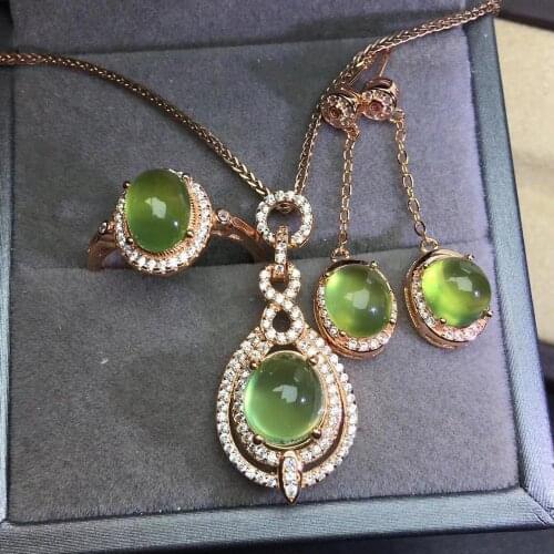 100% Natural and Real Prehnite jewelry set 1pc Prehnite ring 1pc Prehnite pendant 1pair stud earring 925 sterling silver