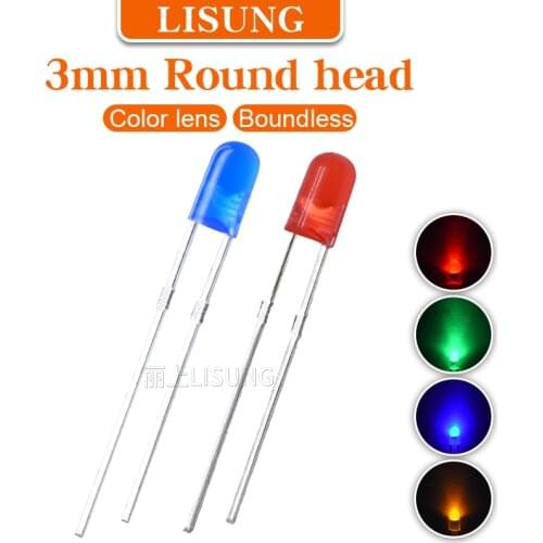 1000pcs/bag 3mm Led Color Lens Diffuse Round Boundless Red Yellow Blue Green Led In Diodes Through Hole 0.06w keyboard Lamp Kit