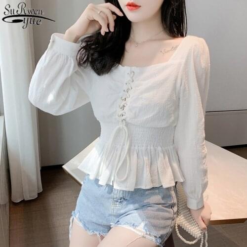 2021 Autumn New Korean Style Chiffon Blouse All-match Square Collar Slim Short-Height Short Sleeve Bubble Womens Shirts 10584