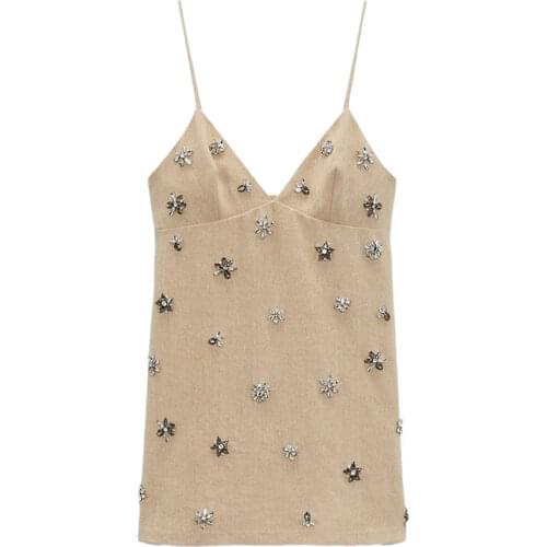 2021 Za Women Summer New Chic Fashion With Sleeveless Lnlay Mini Dress Vintage Thin Straps Summer Female Dresses Vestidos Mujer