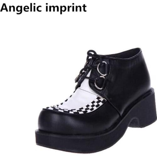 Angelic imprint woman mori girl lolita cosplay punk shoes lady high trifle heels pumps women princess dress shoes lace up 33-47
