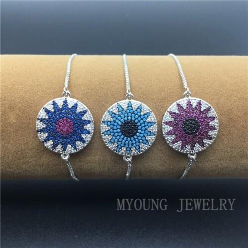MY1208 Round Sun Flower shape Micro Paved Cubic Zirconia Adjustable Silver Plated Chain Bracelet or Woman Jewelry Free Shipping