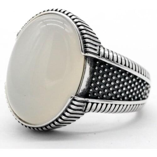 Pure 925 Sterling Silver Big Natural White Agate Stone Simple Classic Elegant Male Rings Turkish Handmade Fine Jewelry Gift