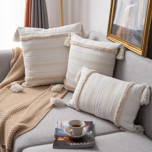 Boho Decorative Throw Pillow Cover Pillowcase Neutral Tufted with Tassels Cushion Cover 45X45/30X50CM for Bedroom Living Room