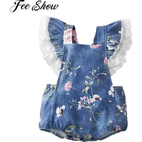 Summer Baby Denim Rompers Newborn Baby Girls Lace Flying Sleeve Backless Flower Rompers Jumpsuits One-piece Sunsuit Outfit 0-18M
