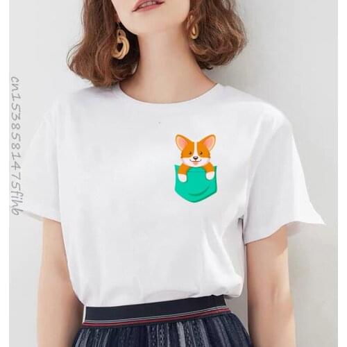 Premium Cute Pocket Dog Print Women T Shirts Summer Harajuku Casual Tshirt Female O-Neck Loose Women T-Shirt Tops Tee Shirt