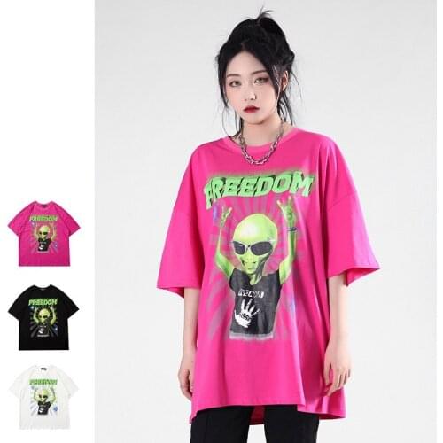 Mens Classic American Street Fashion Brand Niche Loose Oversize Funny Et Alien Print Hip-hop Short-sleeved T-shirt For Lovers