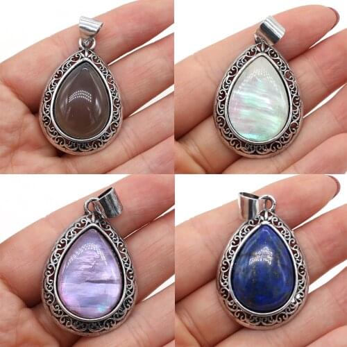 Natural Stone Pendants Water Drop Lapis lazuli Opal Reiki Heal Antique-Silver Crystal for Jewelry Making Women Necklace Gift