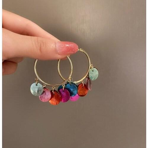 Origin Summer Vintage Geometric Circle Shell Hoop Earring for Women Gold Metallic Multicolor Tassel Earring Jewelry Pendientes